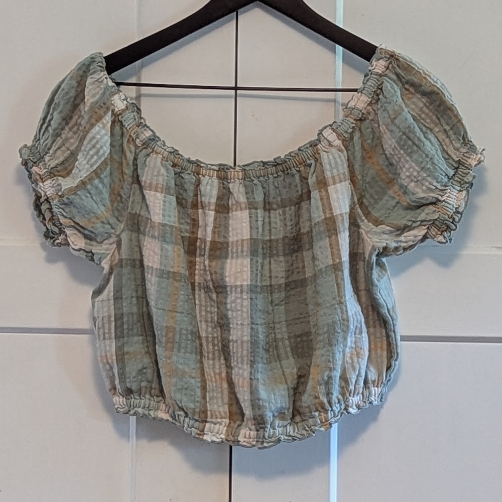American Eagle Outfitters Plaid Puff Sleeve Smocked Crop Blouse Cotton Linen MED